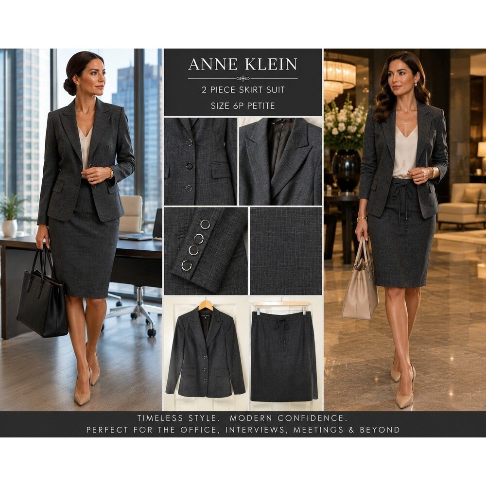 Anne Klein 2 Pc Women Skirt Suit Set 6P Gray Career Office Business Petite Chic
